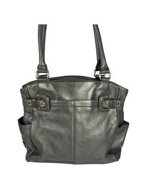 TIGNANELLO Metallic Gray Pebbled Leather Tote Satchel Handbag Buckle Detail FLAW